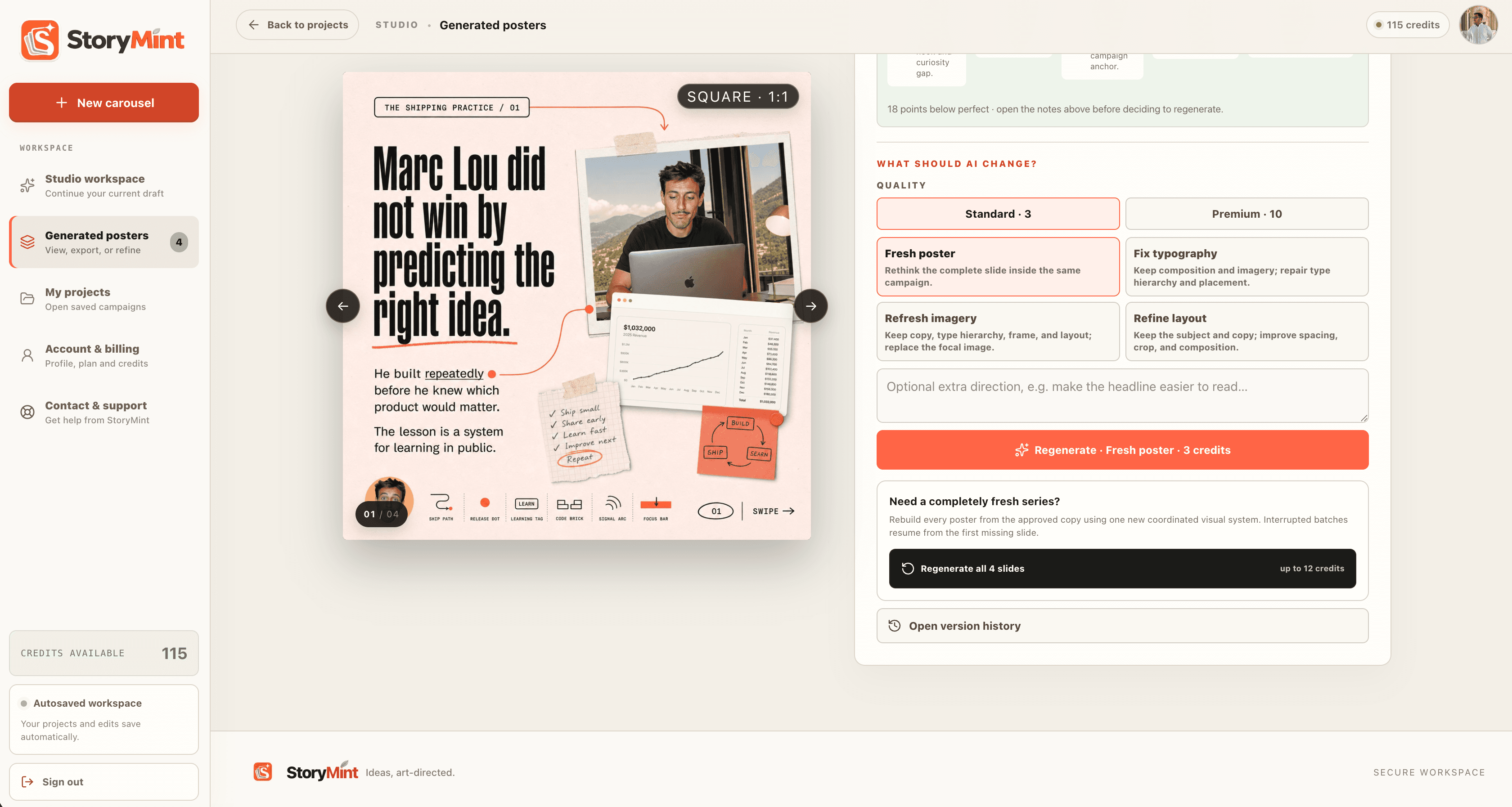 StoryMint generated poster workspace with focused regeneration controls